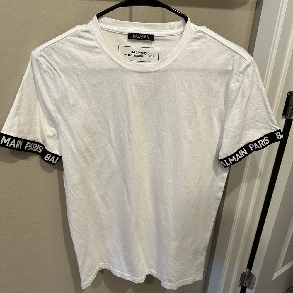 Balmain White Short Sleeve Tee with Black Trim